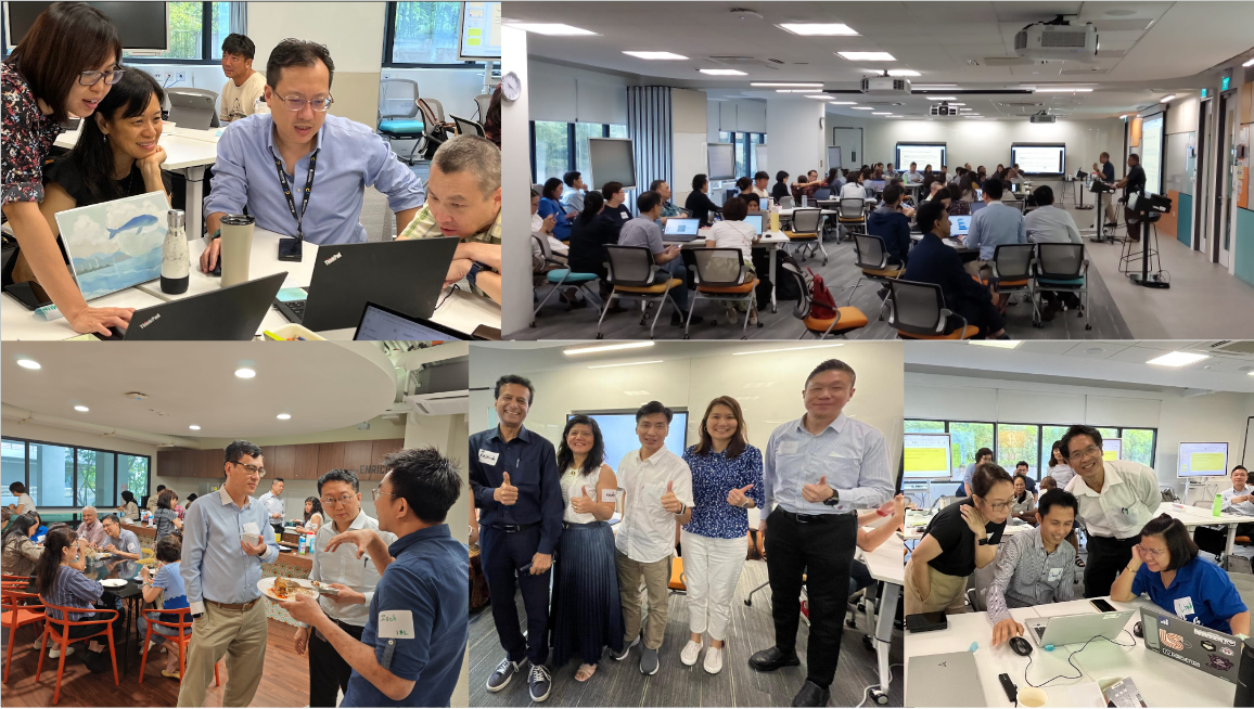 A collage of five photos showing professional collaboration and networking. Participants are seen working intensely in small groups with laptops, attending a large seminar in a bright hall, and networking over food in a dining area. Two photos show participants smiling and giving thumbs-up gestures, highlighting a successful workshop environment.